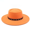 Detail of orange wool fedora hat with black leather band and silver star studs - M (56-58cm) / Orange