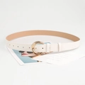 Women's chic white faux leather belt featuring a modern gold double ring buckle closure - White