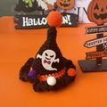 Handmade Halloween crochet pet hat with black yarn, orange pom-poms and white ghost motif - S / Black Ghost Style