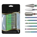 Close-up of professional 10-piece nail drill bits set featuring ceramic and alloy tips - Drill Bit Set 03 (Rainbow Coated Multi-functional Mix)