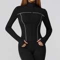 Slim fit black yoga jacket with white contour stitching and functional thumbholes - S / Premium Black