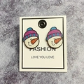 Cartoon snowman wooden stud earrings in white and blue on a fashion display card - Snowman