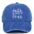 Close-up of white faith over fear embroidery on washed blue cotton baseball cap - Adjustable / Sapphire Blue