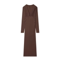 Coffee brown long-sleeved midi dress featuring a deep V-neck and draped waist pleated details - S / Dark Brown