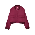 Short wine red bomber jacket with front flap pockets and ribbed cuffs in a clean flat lay - S / Burgundy