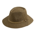 Close-up of the woven paper straw texture and brown leather belt with metal buckle - 58cm One Size / Coffee