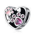 S925 sterling silver heart charm with pink enamel paw prints and purple zircon stones - Pink Cute Paw Heart Charm 0158