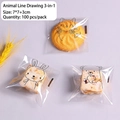 100pcs 7x7cm self-adhesive food bags with cute cat rabbit and bear line art illustrations - Animal Expressions 3-in-1 / 7*7+3cm (100 Pieces/Pack)