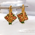 Chinese style gold hoop earrings with red and green enamel floral pendants - T2390 Style / Colorful Floral