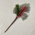 Detail of Christmas branch with red berries, pine needles and silver glitter leaves - Silver Grape Berry Branch