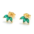 Golden stud earrings featuring three marquise-cut green emerald zircons in a leaf shape - Green