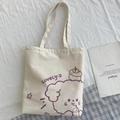 Detail der cremeweißen Canvas-Tragetasche mit lila Pudel-Cartoon und LOVELY:D-Druck - Cartoon Hund Schulter Stil (Beige)