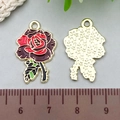 Red enamel rose flower charm with green leaves and gold backing for jewelry making - Rose (22042)
