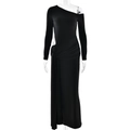 Elegant black one-shoulder long sleeve dress with waist ruching and side slit detail - S / Black
