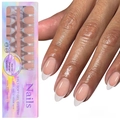 Detail of pink French tip press-on nails and packaging with 150 soft gel nail tips - YS-10