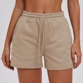 Pantaloncini sportivi kaki a vita alta da donna in maglia di cotone con coulisse - S / Marrone Cammello