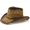 Dettaglio della trama traforata sul cappello da cowboy in paglia marrone sfumato - M (56-58cm) / Khaki Caffè Gradiente