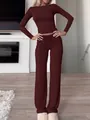 Women's two-piece yoga set in deep maroon with long sleeve top and high-waist pants - XS / Fuschia