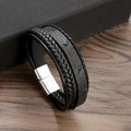 Handmade multilayer black leather bracelet with silver magnetic clasp on wood background - 19cm / Black