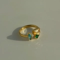 18k gold plated stainless steel open ring with colorful geometric zircons and gems - Design 1 (Blue & Green Zirconia)
