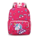 Pink toddler backpack featuring colorful unicorn and rainbow prints with mesh pockets - Rose Pink