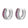 Detail of silver huggie earrings with dual rows of pink and white cubic zirconia crystals - Platinum Plated Rose Red Zirconia