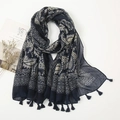 Navy blue ethnic shawl with beige paisley pattern and tassel trim on white background - Extended Version / Navy Blue Paisley Pattern (XB156)