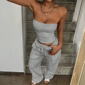 Women's two-piece casual gray set featuring a strapless bandeau top and jogger pants - S / Light Heather Grey