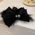 Elegant black mesh flower hair claw clip with feathers and crystal pearl accent - 230# Black Satin Bow Feather Hair Claw