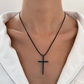 Klassieke zwarte kruis hanger ketting met zilveren rand en koordketting voor heren dames - Zilver (5955)