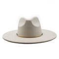 Close-up of cream beige wide brim fedora hat with elegant gold metal ring detail - Off-white Suede