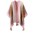 Ethnic knit shawl with pink and brown wave patterns and tassel trim for women - Cardigans / Pink Yellow