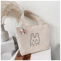 Borsa tote beige in velluto a coste con ricamo di coniglio e ciondolo a mucca - Borsa Singola / Bianco