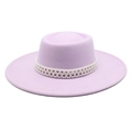 Close-up of lavender wool felt fedora hat featuring elegant triple-row pearl hatband - Adult 57-59cm / Taro Purple