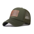 Detail of army green trucker hat with American flag leather patch and breathable mesh - Army Green