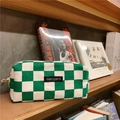 Close-up of green checkerboard canvas pencil case with zipper and merciparis label - Green Checkerboard (Medium)