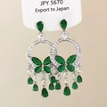 Boucles d'oreilles pendantes en argent avec pierres vertes en poire et pompons en zircone - Tige S925-Argent-Vert-Boucles d'oreilles