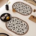 Oval cream floral leather placemat set with elegant black flower patterns and brown borders - Oval / 1 Piece / French Vintage Style-G