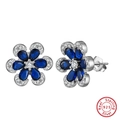 Elegant 925 sterling silver flower earrings with sapphire blue petals and white zircon - White Gold Plated