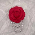 Elegant red felt camellia flower brooch with dual white pearl chain pendants - With Pearl Tassel / Red