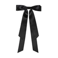 Detail view of large black satin ribbon bow hair clip with long flowing streamers - Black