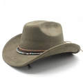 Détail d'un chapeau de cowboy en daim vert olive avec bande en cuir et perles turquoise - M (56-58cm) / Vert Militaire