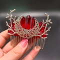 Detail of silver branch and crescent moon hair comb with raw dark red crystal points - Dark Red + Branch + Moon