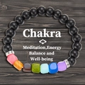 Elastic chakra bracelet with black lava stone and seven colored energy square beads - Chakra