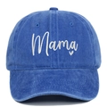Detailed embroidery of Mama text and heart on vintage blue washed cotton baseball cap - Sapphire Blue