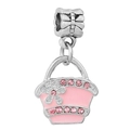 Pink enamel flower basket charm pendant with sparkling crystals in silver finish - Pink Flower Basket Crystal Charm (030)