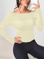 Haut de yoga sans coutures ajusté avec manches longues à épaules dénudées en beige clair - S / Blanc Cassé