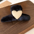 Elegant black plush hair claw clip featuring a beige heart accent on a wooden tray - 56# Black Plush Heart Hair Claw