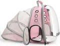 Pink and grey expandable pet backpack with transparent space capsule window and mesh - Pink with White Extension