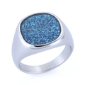 Silver stainless steel signet ring for men featuring an inlaid blue crushed stone center - US 7 / Silver Abalone(25402)